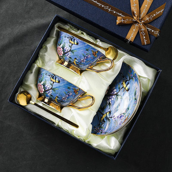 Blue Bird and Butterfly Porcelain Tea Cup Saucer Set, 7.4 oz British Tea Cup and Saucer in Gift Box, Elegant British Ceramic Coffee Cups-Silvia Home Craft
