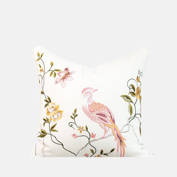 Embroidered Floral Bird Pattern Pillow Covers, Living Room Decorative Pillows, Modern Decorative Cushions, Decorative Pillows for Bed, Decorative Pillow Arrangement Ideas for Interior Design-Silvia Home Craft