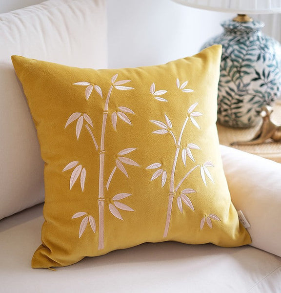 Large Decorative Pillows for Couch, Modern Throw Pillows for Bedroom, Living Room Decorative Pillows, Yellow Embroidered Bamboo Cushion, Decorative Pillow Arrangement Ideas for Couch-Silvia Home Craft