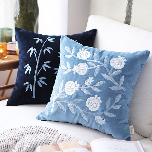 Living Room Decorative Pillows, Blue Embroidered Pomegranate Cushion, Large Decorative Pillows for Couch, Modern Throw Pillows for Bedroom, Decorative Pillow Arrangement Ideas for Couch-Silvia Home Craft