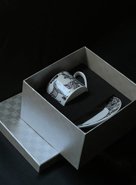 Royal Ceramic Cups, Elegant Ceramic Coffee Cups, 6.8 oz Tea Cup and Saucer in Gift Box, Zebra Jungle Porcelain Tea Cup Saucer Set-Silvia Home Craft