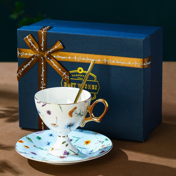 Elegant British Ceramic Coffee Cup with Saucer, 6.8 oz Tea Cup and Saucer Set in Gift Box, Floral Porcelain Tea Cup and Saucer Set, Flower Ceramic Tea Cup and Saucer-Silvia Home Craft