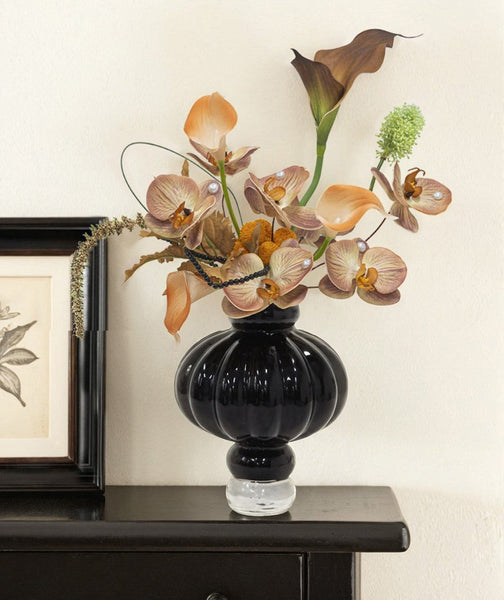 Unique Contemporary Vases for Modern Home Decor, Black Glass Bud Vases, Handmade Liuli Vases, Centerpiece Vases on Table, Black Glaze Vase-Silvia Home Craft