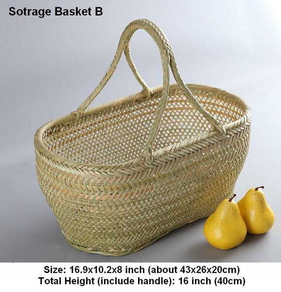 Natural Fruit Basket Kitchen Storage Baskets, Lovely Bamboo Baskets for Vegetable, Picnic Food Basket with Handle, Large Natural Hand-woven Bamboo Basket-Silvia Home Craft