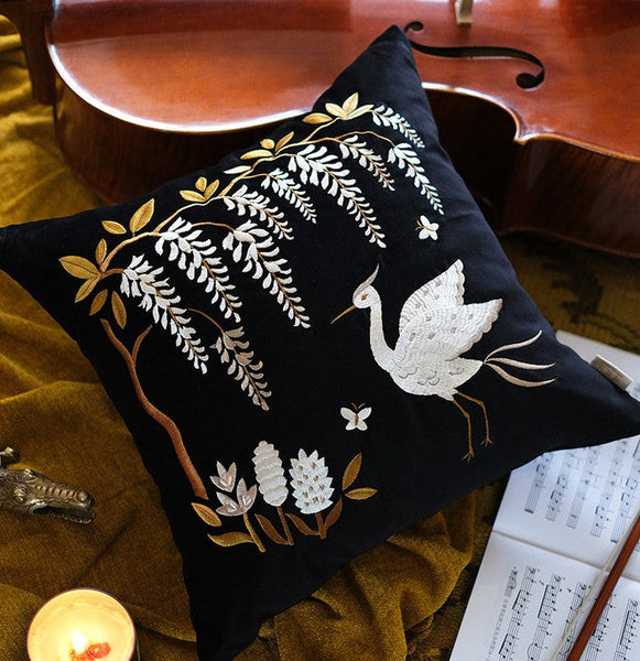 Decorative Pillow Arrangement Ideas for Bed, Embroidered Egret Cushion, Vintage Decorative Pillows, Luxury Decorative Pillows for Couch, Modern Throw Pillows for Couch-Silvia Home Craft