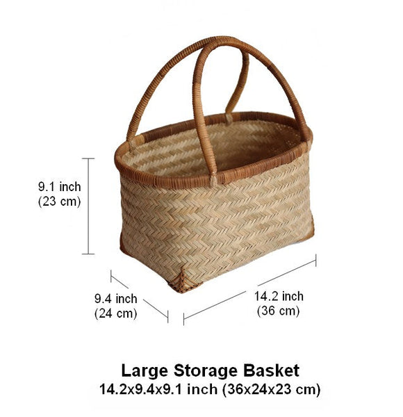 Storage Basket with Handle, Large Kitchen Storage Baskets, Natural Hand-woven Bamboo Storage Basket, Lovely Bamboo Weaving Baskets for Vegetable, Picnic Fruit Storage Baskets-Silvia Home Craft
