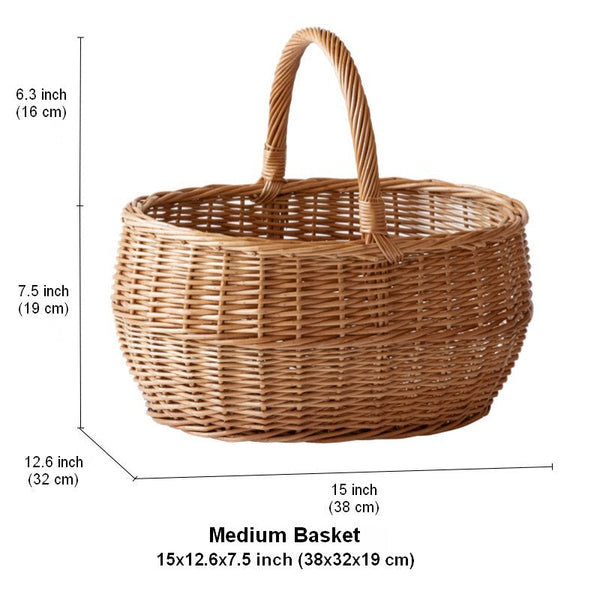 Large Picnic Food Basket with Handle, Natural Hand-woven Wicker Storage Basket, Willow Weaving Baskets for Vegetable, Natural Fruit Basket, Kitchen Storage Baskets-Silvia Home Craft