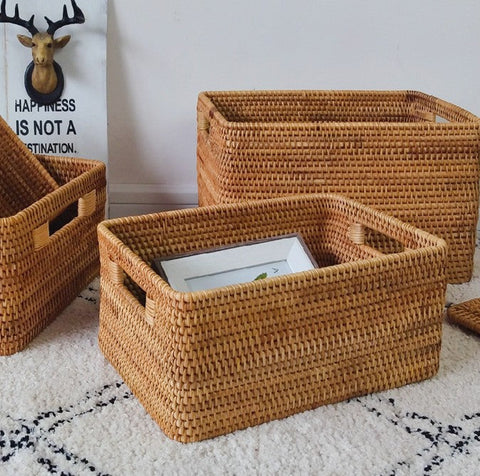 Rattan Storage Baskets, Storage Basket for Shelves, Rectangular Storage Basket for Toys, Storage Baskets for Kitchen, Storage Baskets for Bedroom-Silvia Home Craft