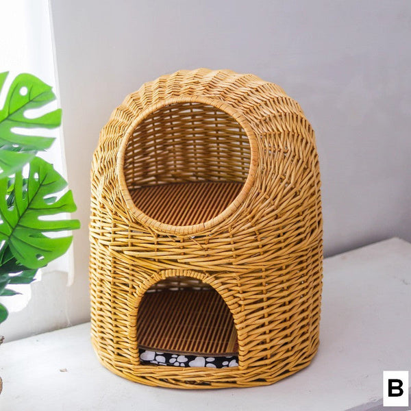 Large Double-Layer Cat Bed, Wicker Cat House Basket with Washable Cushion for Indoor Cats and Dogs-Silvia Home Craft