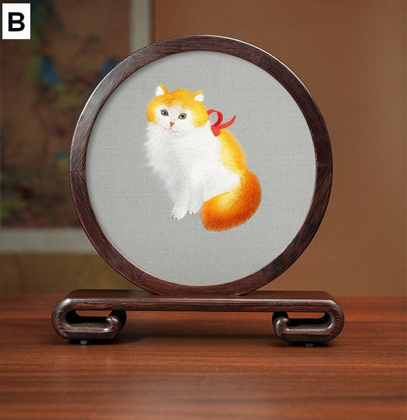 Exclusive Business Present, Lovely Kitty Cat Embroidered Decor, Premium Souvenir, Unique Birthday Gift, Traditional Chinese Suzhou Kitten Embroidery Ornament-Silvia Home Craft