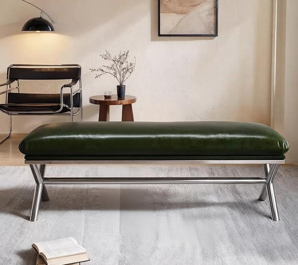 Contemporay Bedroom Bench, Luxury Genuine Leather Entry Bench, Upholstered Shoe Bench, Narrow Entryway Bench, Modern Shoe Changing Ottoman, Mid-Century Hall Bench