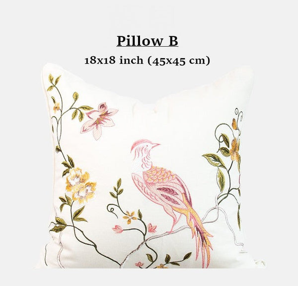 Living Room Decorative Pillows, Modern Decorative Cushions, Decorative Pillows for Bed, Decorative Pillow Arrangement Ideas for Interior Design, Embroidered Floral Bird Pattern Pillow Covers-Silvia Home Craft