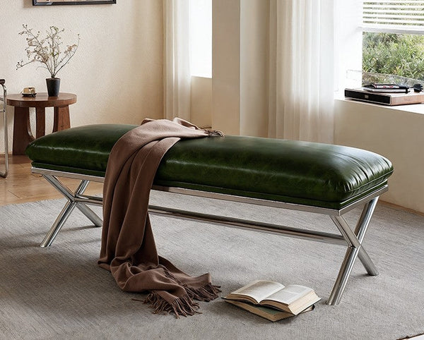 Contemporay Bedroom Bench, Luxury Genuine Leather Entry Bench, Upholstered Shoe Bench, Narrow Entryway Bench, Modern Shoe Changing Ottoman, Mid-Century Hall Bench