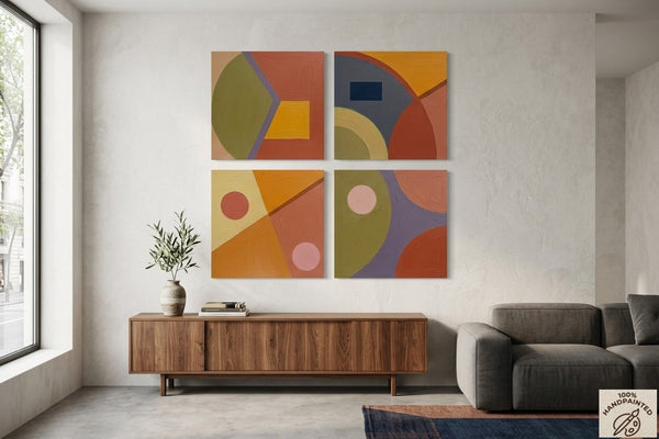 Modern Paintings for Mid Century Living Room, Multi Panel Canvas Paintings, Abstract Geometric Art-Silvia Home Craft