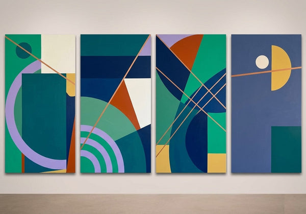 Blue Modern Contemporary Paintings, Geometric Abstract Paintings, Hand Painted Canvas Art, Multi Panel Wall Painting-Silvia Home Craft
