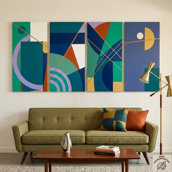 Blue Modern Contemporary Paintings, Geometric Abstract Paintings, Hand Painted Canvas Art, Multi Panel Wall Painting-Silvia Home Craft