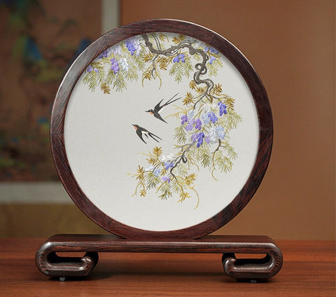 Silk Embroidered Ornament, Premium Souvenir, Exclusive Business Presents, Creative Birthday Gift, Traditional Chinese Suzhou Flower and Birds Embroidery Ornaments-Silvia Home Craft