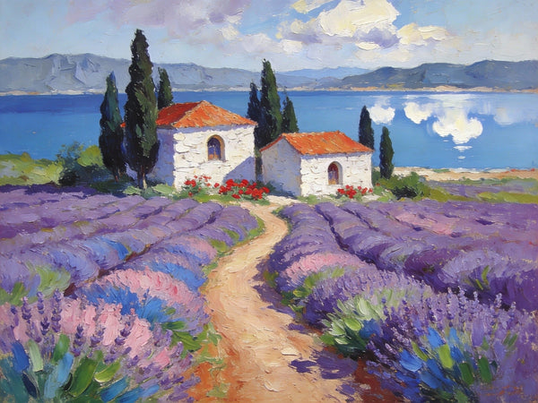 Small Wall Paintings, Lavender Fields and White Cottages, Simple Painting Ideas, Landscape Canvas Paintings, Impasto Wall Art Paintings, On Canvas Small Paintings-Silvia Home Craft