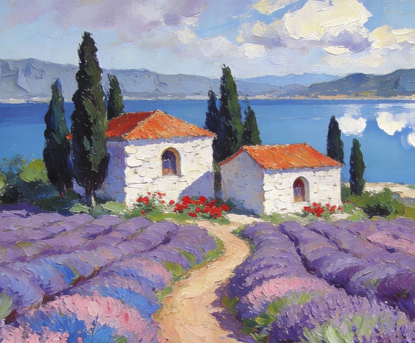 Small Wall Paintings, Lavender Fields and White Cottages, Simple Painting Ideas, Landscape Canvas Paintings, Impasto Wall Art Paintings, On Canvas Small Paintings-Silvia Home Craft