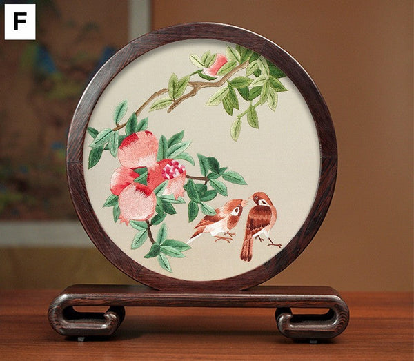 Premium Souvenir, Silk Embroidered Ornament, Exclusive Business Presents, Creative Birthday Gift, Traditional Chinese Suzhou Flower and Birds Embroidery Ornaments-Silvia Home Craft
