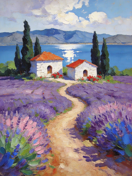 Sunlit Lavender Fields with White Cottages Impasto Paintings, Small Oil Paintings, Small Wall Paintings, Landscape Artwork Canvas Paintings, Small Original Paintings-Silvia Home Craft