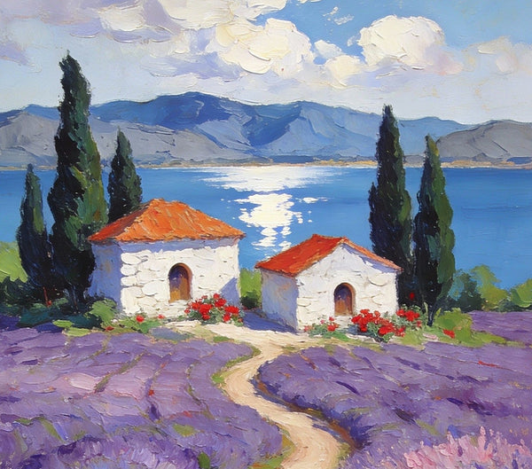 Sunlit Lavender Fields with White Cottages Impasto Paintings, Small Oil Paintings, Small Wall Paintings, Landscape Artwork Canvas Paintings, Small Original Paintings-Silvia Home Craft