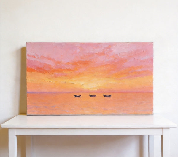 Hand Painted Canvas Artwork, Boats Adrift in Sunset Glow, Small Canvas Wall Art Paintings, Sunset Paintings, Original Seascape Paintings-Silvia Home Craft