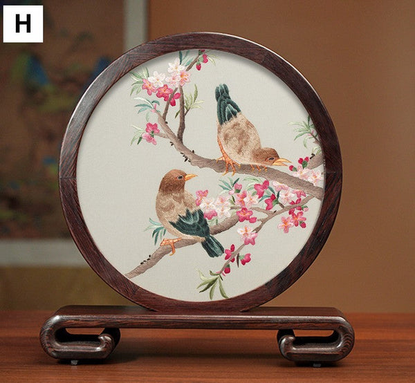 Silk Embroidered Ornament, Premium Souvenir, Exclusive Business Presents, Creative Birthday Gift, Traditional Chinese Suzhou Flower and Birds Embroidery Ornaments-Silvia Home Craft