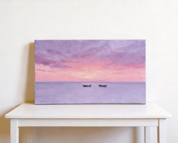 Small Canvas Paintings, Sunset Paintings, Silence of the Twilight Sea, Original Seascape Paintings, Hand Painted Canvas Wall Art-Silvia Home Craft