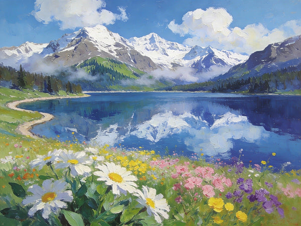 Snow-Capped Peaks Reflected in the Lake, Hand Painted Canvas Art, Small Oil Paintings on Canvas, Small Original Oil Paintings, Small Landscape Paintings-Silvia Home Craft