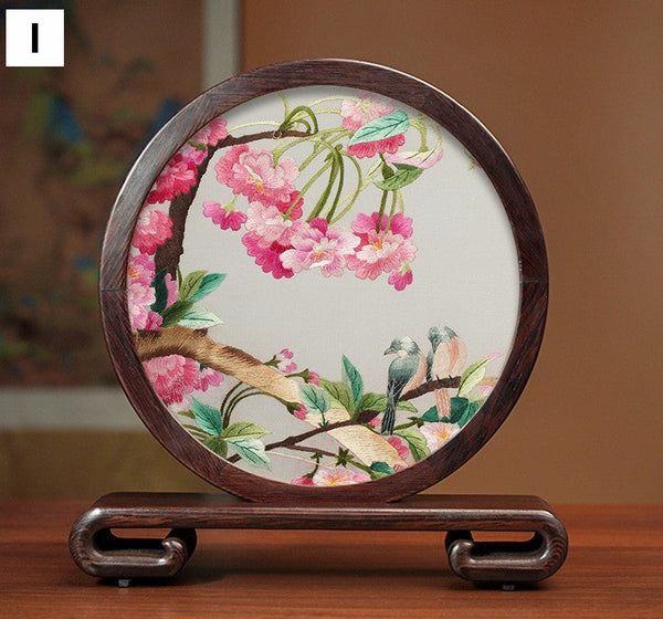 Silk Embroidered Ornament, Premium Souvenir, Exclusive Business Presents, Creative Birthday Gift, Traditional Chinese Suzhou Flower and Birds Embroidery Ornaments-Silvia Home Craft
