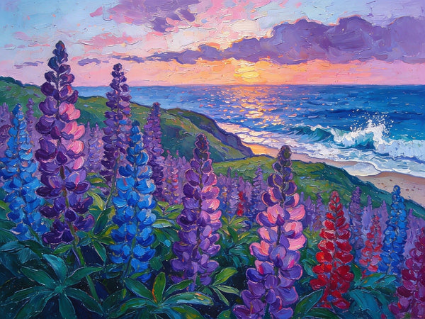 Seaside Lupines in Bloom, Heavy Texture Paintings, Original Small Landscape Paintings, Small Oil Paintings on Canvas, Small Paintings on Canvas, Hand Painted Canvas Art-Silvia Home Craft