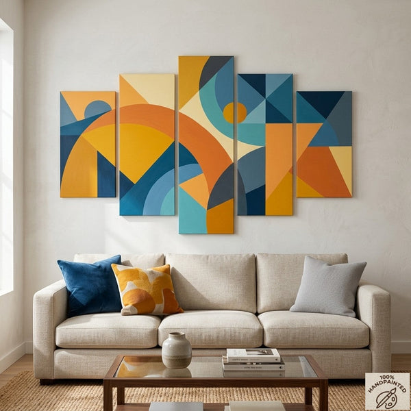 Oversized Yellow Abstract Paintings, Geometric Modern Art for Living Room, Contemporary Canvas Paintings-Silvia Home Craft