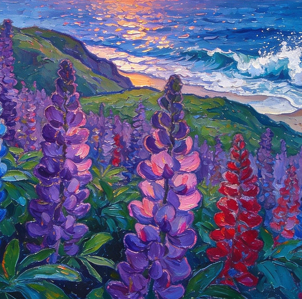 Seaside Lupines in Bloom, Heavy Texture Paintings, Original Small Landscape Paintings, Small Oil Paintings on Canvas, Small Paintings on Canvas, Hand Painted Canvas Art-Silvia Home Craft