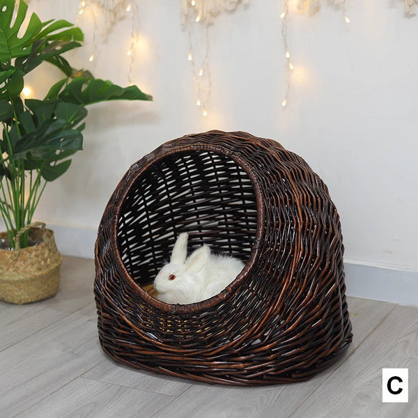 Natural Wicker Cat House Basket with Washable Cushion for Indoor Cats and Dogs, Rattan Cat Bed-Silvia Home Craft