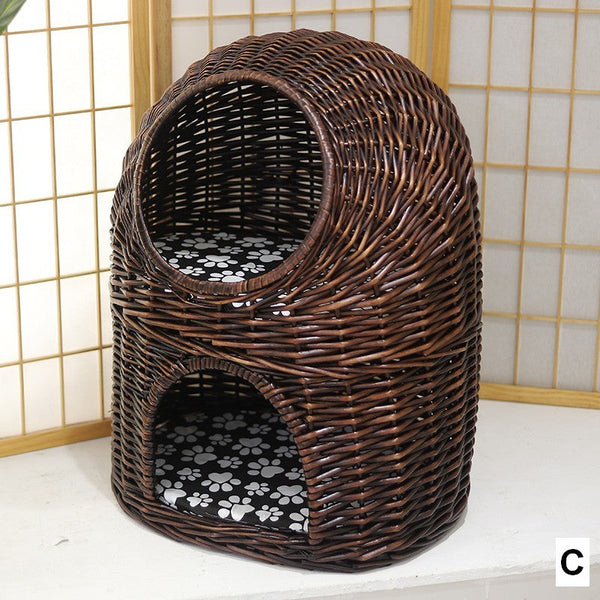 Large Double-Layer Cat Bed, Wicker Cat House Basket with Washable Cushion for Indoor Cats and Dogs-Silvia Home Craft