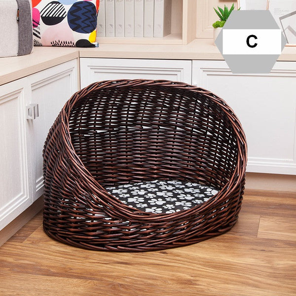 Natural Wicker Cat House Basket with Washable Cushion for Indoor Cats and Dogs, Hand woven Rattan Cat Bed-Silvia Home Craft