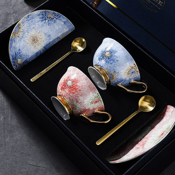 Blue and Pink Beautiful British Tea Cups, Elegant Ceramic Coffee Cups, Creative Bone China Porcelain Tea Cup Set, Unique Tea Cups and Saucers in Gift Box-Silvia Home Craft