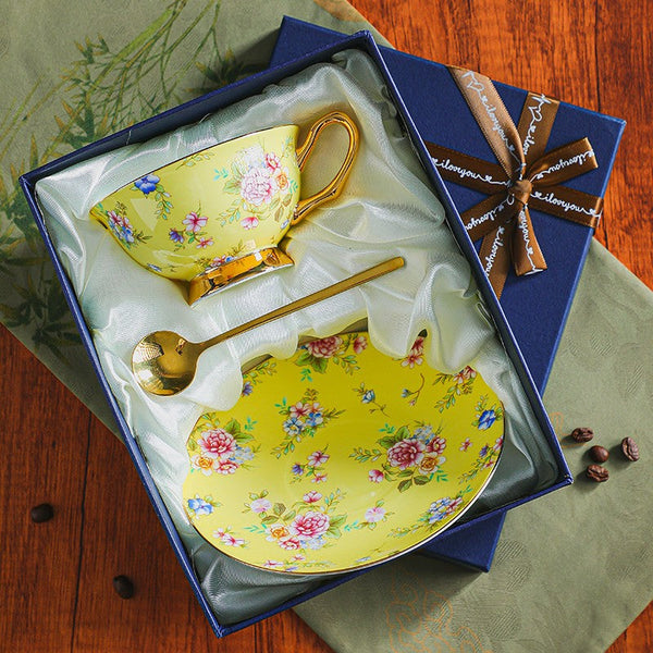 Ceramic Coffee Cup with Saucer, Traditional English Tea Cup and Saucer Set, Floral Porcelain Tea Cup and Saucer Set, Afternoon British Tea Cup with Saucer-Silvia Home Craft