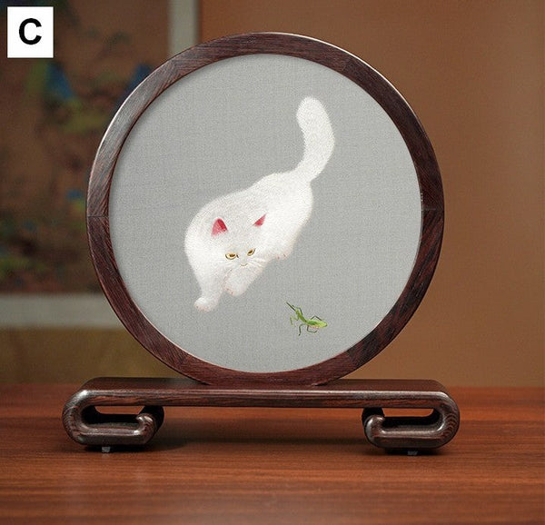 Exclusive Business Present, Lovely Kitty Cat Embroidered Decor, Premium Souvenir, Unique Birthday Gift, Traditional Chinese Suzhou Kitten Embroidery Ornament-Silvia Home Craft