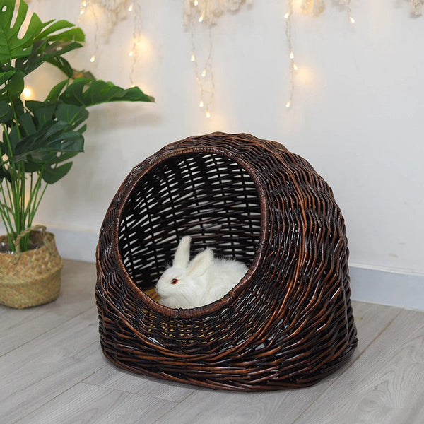 Hand woven Rattan Cat Bed, Natural Wicker Cat House Basket with Washable Cushion for Indoor Cats and Dogs-Silvia Home Craft
