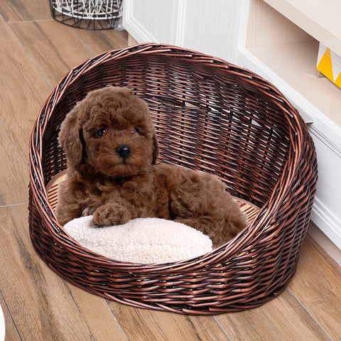 Natural Wicker Cat House Basket with Washable Cushion for Indoor Cats and Dogs, Hand woven Rattan Cat Bed-Silvia Home Craft