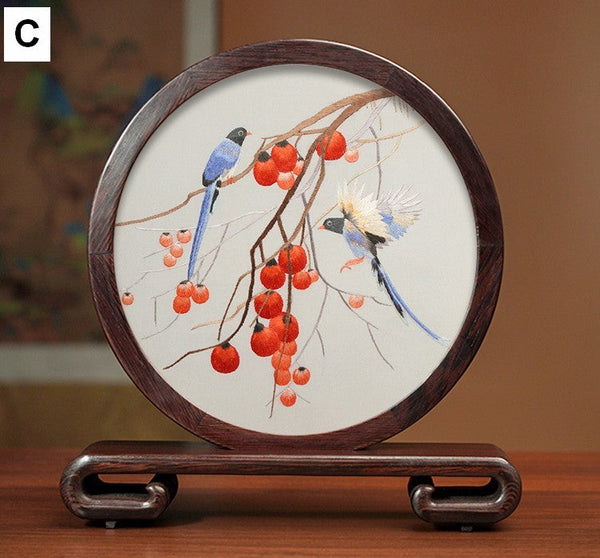 Flower and Bird Embroidery Ornaments, Unique Birthday Gift, Traditional Chinese Suzhou Silk Embroidered Ornament, Premium Souvenir, Exclusive Business Presents-Silvia Home Craft