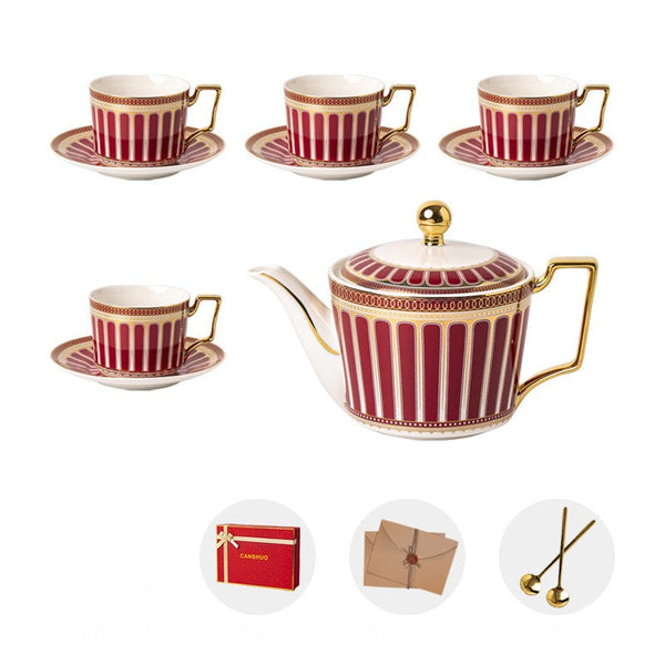 Modern Ceramic Coffee Cups, 7.4 oz Red Tea Cup and Saucer Set of 4 cups with Teapot in Gift Box, Porcelain Tea Cup and Saucer Set-Silvia Home Craft