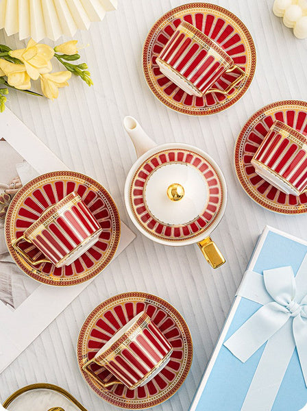 Modern Ceramic Coffee Cups, 7.4 oz Red Tea Cup and Saucer Set of 4 cups with Teapot in Gift Box, Porcelain Tea Cup and Saucer Set-Silvia Home Craft