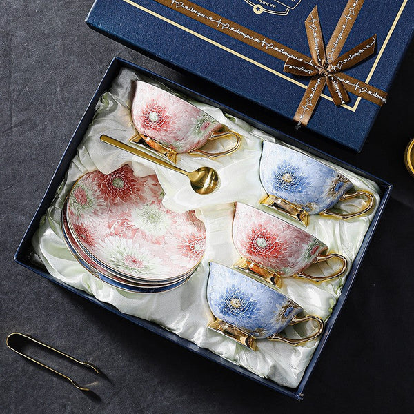 Unique Tea Cups and Saucers in Gift Box, Blue and Pink Beautiful British Tea Cups, Elegant Ceramic Coffee Cups, Creative Bone China Porcelain Tea Cup Set-Silvia Home Craft