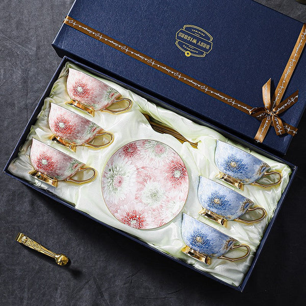 Unique Tea Cups and Saucers in Gift Box, Blue and Pink Beautiful British Tea Cups, Elegant Ceramic Coffee Cups, Creative Bone China Porcelain Tea Cup Set-Silvia Home Craft
