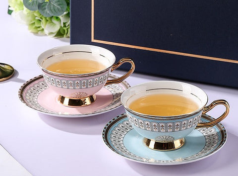 Royal Blue and Pink Bone China Porcelain Tea Cup Set, Tea Cups and Saucers in Gift Box, Elegant Ceramic Coffee Cups, Beautiful British Tea Cups-Silvia Home Craft