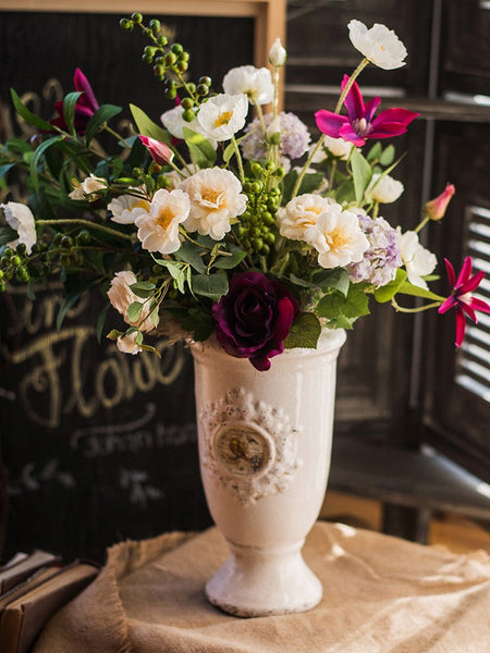 Clematis, Olive Branch, Sweet Alyssum, Corn poppy, Cranberry, Iceberg Rose Flowers, Unique Flower Arrangement for Home Decoration, Beautiful Artificial Flowers for Living Room-Silvia Home Craft