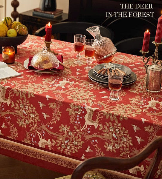 Forest Deer Red Table Covers, Square Tablecloth for Kitchen, Long Modern Rectangular Tablecloth for Dining Room Table, Extra Large Tablecloth for Round Table-Silvia Home Craft